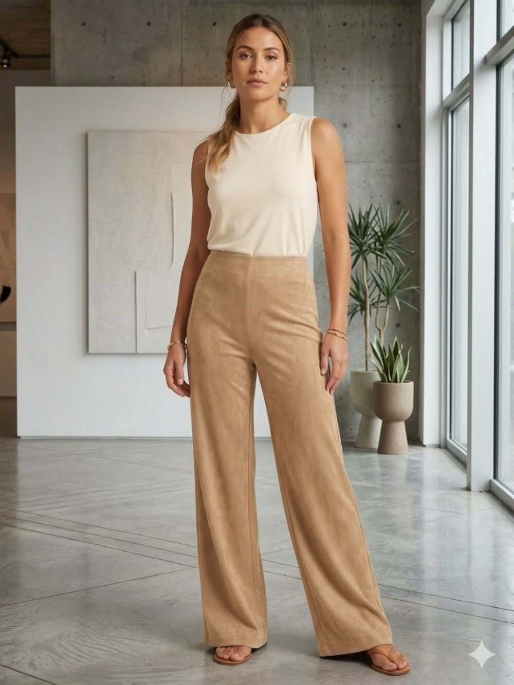 Windsor Women Size Medium Beige Flat Front Faux Suede Flare Hem Zip Close Pants